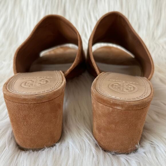 Tory Burch Salinas Mule Suede Leather Open Toe Block Heel Sandals, Tan - Picture 8 of 11